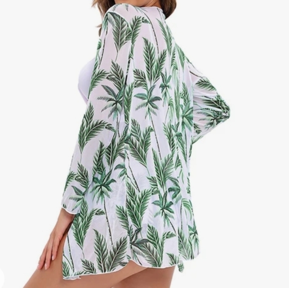 Zafuaz 3 Piece Bikini & Sleeved Cover Up Set White with Blue & Green Palm Tree S - Picture 2 of 13